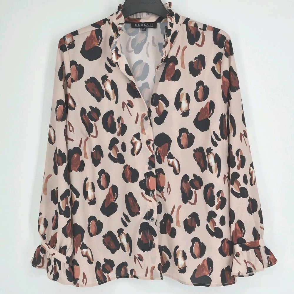 Eloquii Leopard Print Ruffle Neck Blouse Button Down Shirt Panthera Plus Sz 20